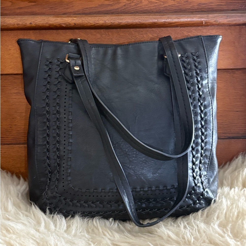 Madison West Black Tote with Braided Detail